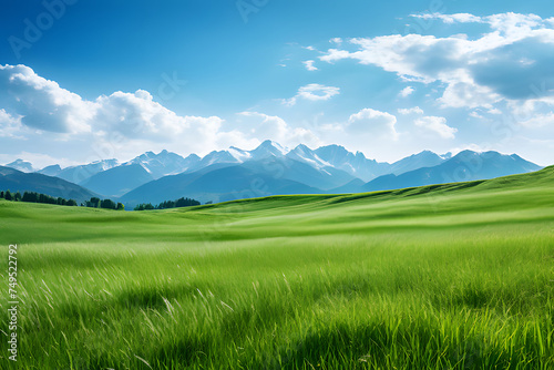 Green grass field with mountain isolated on white background, for montage product display. with clipping path © Rajob