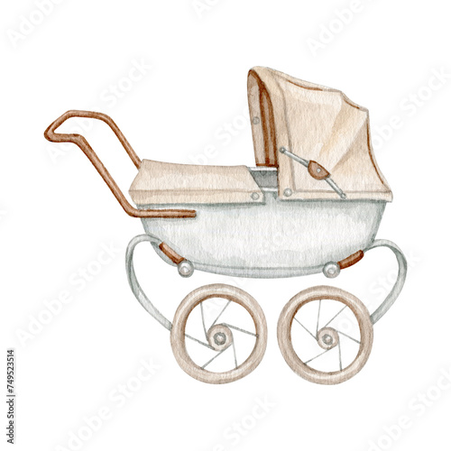 Watercolor baby stroller clipart illustration