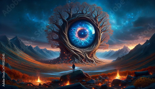 An AI-generated surreal landscape featuring a massive, ancient tree with branches and trunk forming a human eye, set against a starry sky and mountainous backdrop.