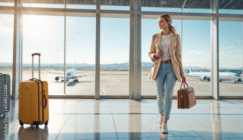 A young tourist woman with her luggage stands at the airport window, observing the travel lifestyle