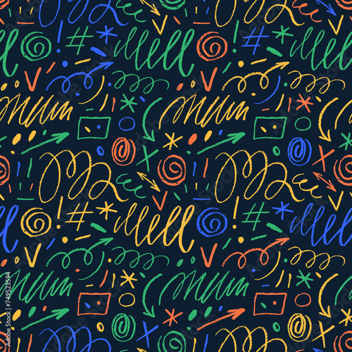 Colorful seamless pattern with various charcoal strokes and curved lines. Vector scribbles and squiggles.