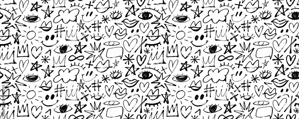 Obraz premium Seamless banner design in childish girly style with crowns, hearts, stars, eyes and others doodle elements.