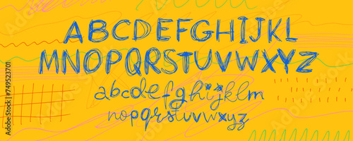 Hand drawn colorful childish alphabet letters. Pencil or pen punk style calligraphy letters. Scribbles and scrawls with simple pattern.
