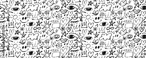 Seamless banner design in childish girly style with crowns, hearts, stars, eyes and others doodle elements.