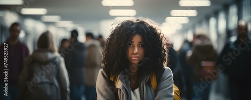 Sad young Black woman walks alone in university building hallway feeling isolated. Concept Alone in a Crowded Place, University Isolation, Emotional Black Woman, Hallway Despair