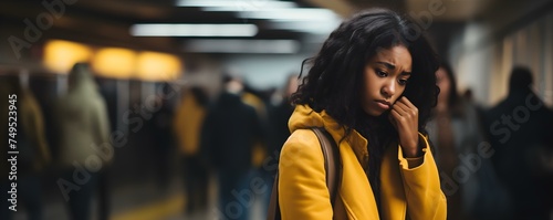 Lonely Black woman navigates university building alone, feeling disconnected. Concept Loneliness, Identity, Isolation, Mental Health, University Life photo