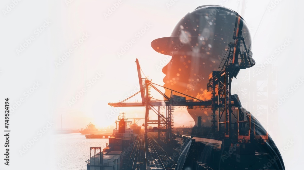 Double exposure photography of engineer man and the business Logistics and transportation of Container Cargo ship and Cargo plane with working crane bridge - obrazy, fototapety, plakaty 
