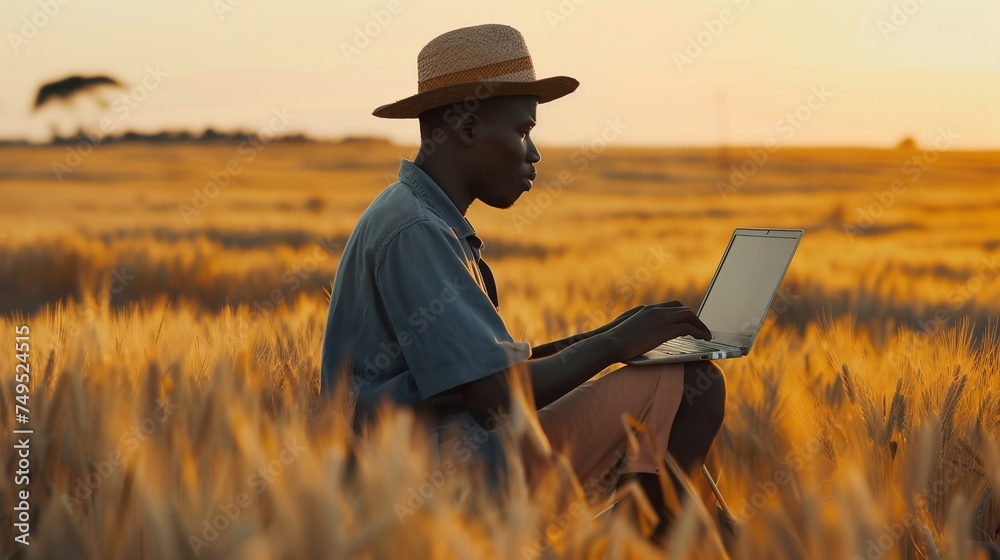 Young african-american farmer using laptop in wheat field at sunset. AI. Young african-american farmer using laptop in wheat field at sunset. AI.