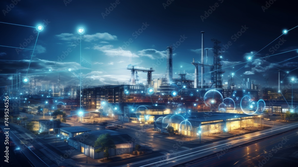 Fototapeta premium Modern factory, communication network. Telecommunication. IoT, Internet of Things, ICT, Information communication Technology,. Smart factory. Digital transformation, cloud connecting