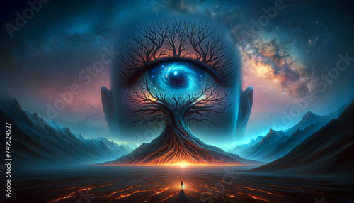 An AI-generated image of a surreal landscape with a massive, ancient tree whose branches form the shape of an all-seeing eye amidst a starry night sky.