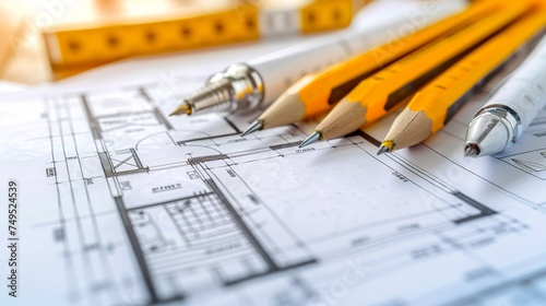 Architectural plans and pencils on the desk of the architect. AI.