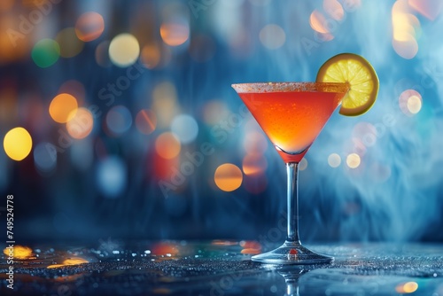 refreshing cocktail in a martini glass on a wet and foggy bar background