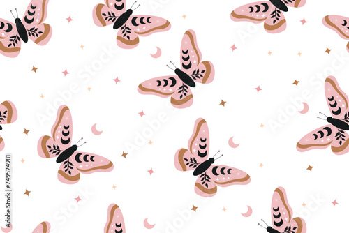 Vector seamless pattern celestial butterfly. Mystical insect luna moth, floral moon on white background. Design for magic print, fabric, wallpaper, textile, magical decor