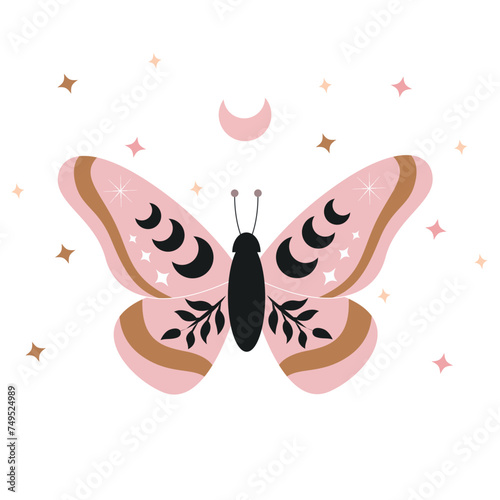 Celestial butterfly vector illustration. Mystical moth with moon phases. Magical insect on white background. Design for poster, card, t shirt print
