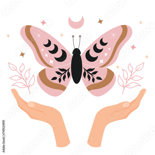 Celestial butterfly vector illustration. Mystical moth with moon phases. Magical insect on white background. Design for poster, card, t shirt print