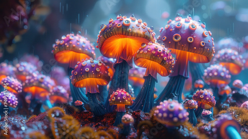 A surreal cluster of colorful, vivid mushrooms glistening with fresh rain in a fantasy setting