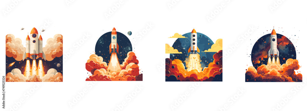 Rocket, space travel, launch vehicle clipart vector illustration set