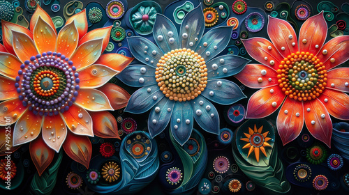 Vibrant Floral Artwork with Beadwork Detailing