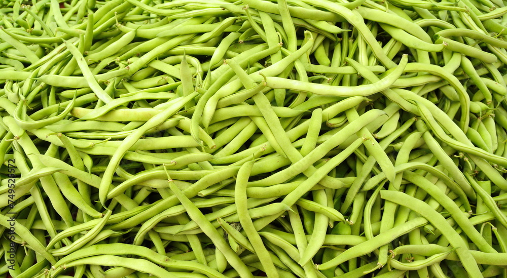Green beans background. Vegan food. Top view.