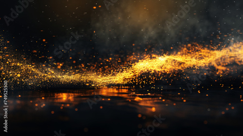 Wave of golden particles in darkness, abstract backdrop