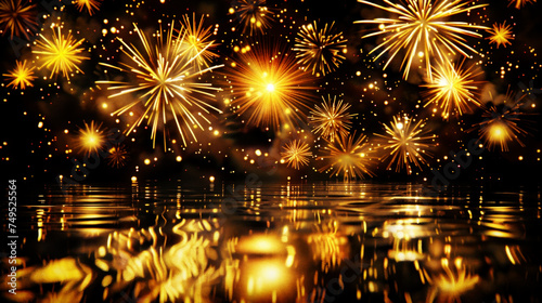 Golden firework explosions over dark water