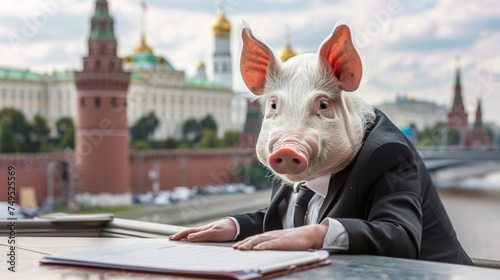 Politician with pig head, cityscape in background