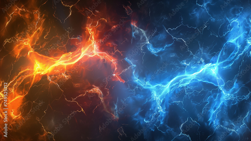 abstract blue and orange electrical lightning on black background