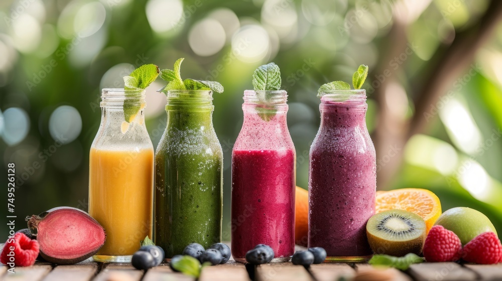 Fruits smoothie in the bottles, set, realistic photo Fruits smoothie in the bottles, set, realistic photo