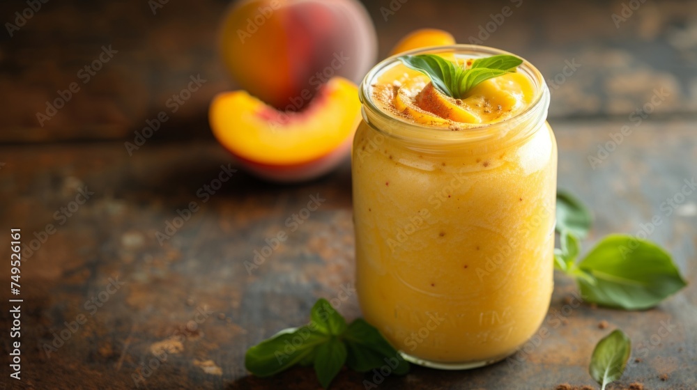 Peach smoothie in the jar, healthy food, realistic photo Peach smoothie in the jar, healthy food, realistic photo