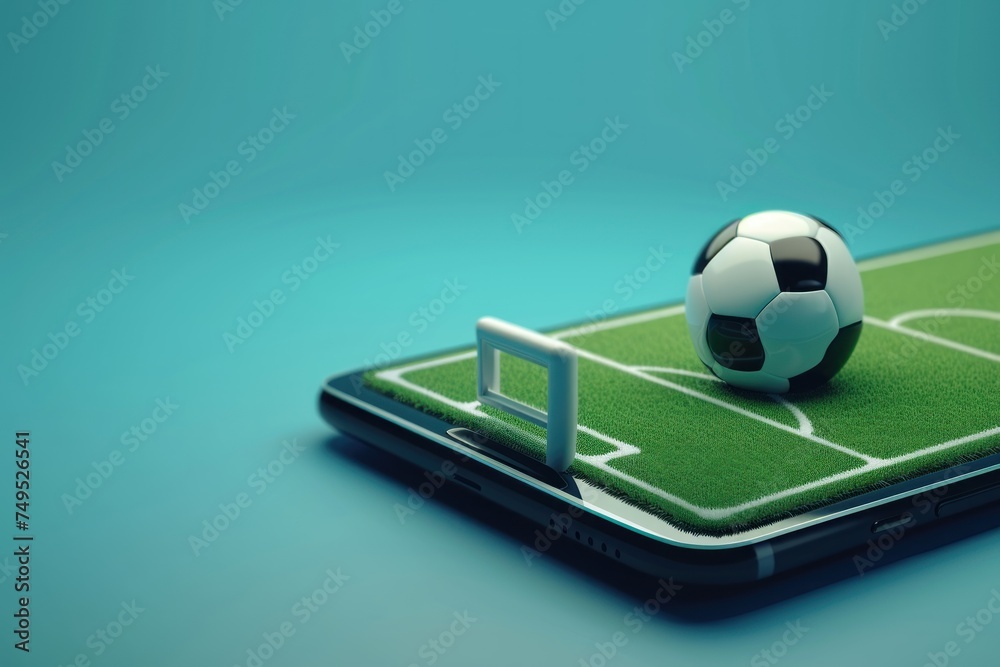 Soccer ball on the field and smart phone. 3d illustration. Online Casino and Betting Concept with Copy Space. Gambling Concept.