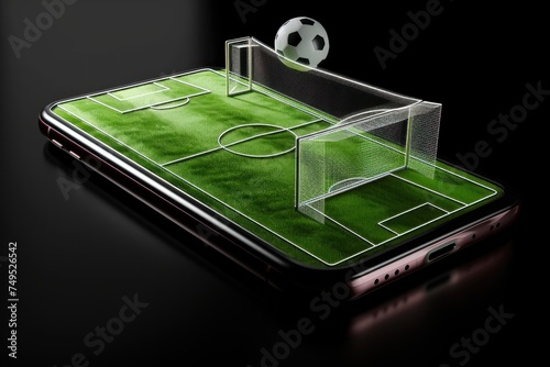 Smartphone with soccer ball on black background. 3D illustration. Online Casino and Betting Concept with Copy Space. Gambling Concept.