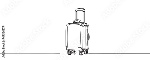 Suitcase one continuous line. Suitcase on wheels for travel one line. Travel bag linear icon.One line drawing of a suitcase.