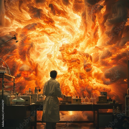 A scientist marvels at an ultra-realistic fiery cloud