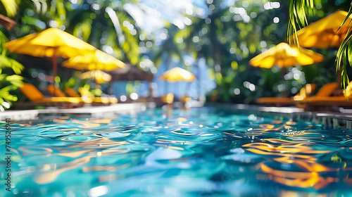 Sunny Poolside Relaxation: Blue Waters, Palm Trees, and a Peaceful Atmosphere