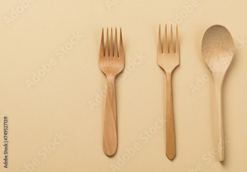 wooden spoon and fork on isolated background 