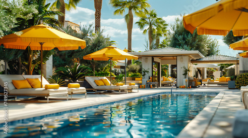 Caribbean Resort Bliss: Tropical Poolside Relaxation with Blue Sky and Palm Trees