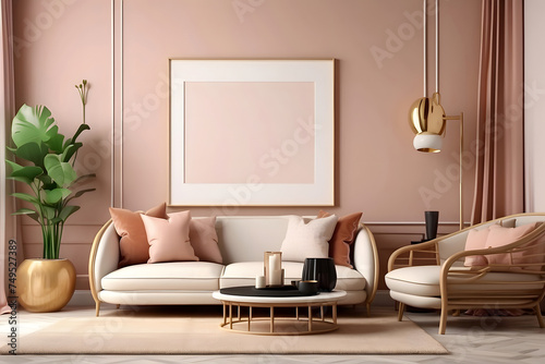 Mock-up poster frame in modern interior background, living room, Art Deco style, 3D render, 3D illustration