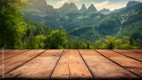 The empty wooden brown table top with blur background of trekking path. Exuberant image. generative AI