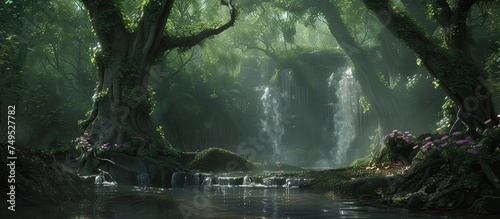 A stream winds its way through a dense forest, surrounded by vibrant green foliage and towering trees. The water glistens in the sunlight, creating a tranquil scene in the sacred woodlands filled with