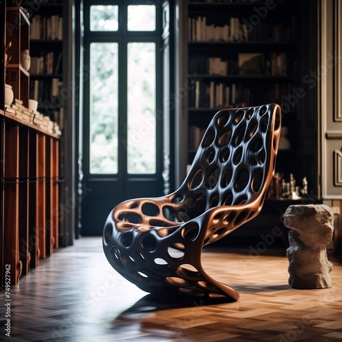Modern Wooden Chair in Spacious Room with Bookshelves
