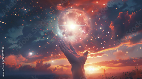hand reaching out towards a bright, glowing sphere that appears to be disintegrating into sparkling particles against a twilight sky