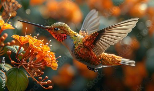 Resplendent Hummingbird Hovering by Vibrant Flowers
 photo