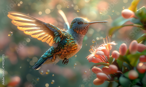 Resplendent Hummingbird Hovering by Vibrant Flowers 