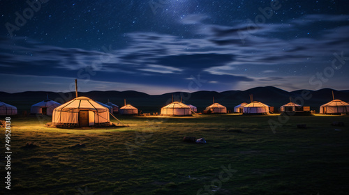 Yurts on the Mongolian grasslands at night