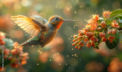 Resplendent Hummingbird Hovering by Vibrant Flowers
