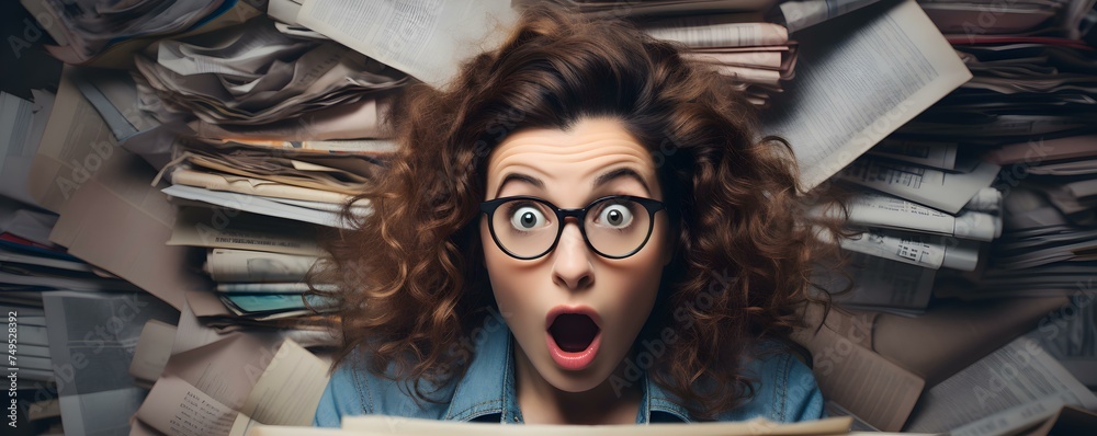 Young woman reacts in disbelief while reading sensational tabloid newspaper headlines. Concept Expressions, Tabloid Headlines, Young Woman, Disbelief, Sensationalism - obrazy, fototapety, plakaty 