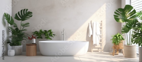 Interior of light bathroom with bathtub. © Fana Art