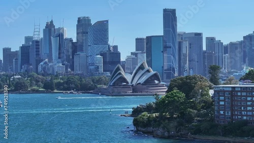 Aerial video of Sydney City and Sydney Harbor at sunset, Australia