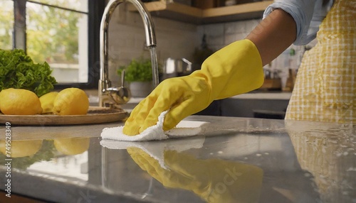  A woman's hand in a yellow protective glove wipes the kitchen counter with a white cloth. Kitchen cleaning concept