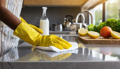  A woman's hand in a yellow protective glove wipes the kitchen counter with a white cloth. Kitchen cleaning concept